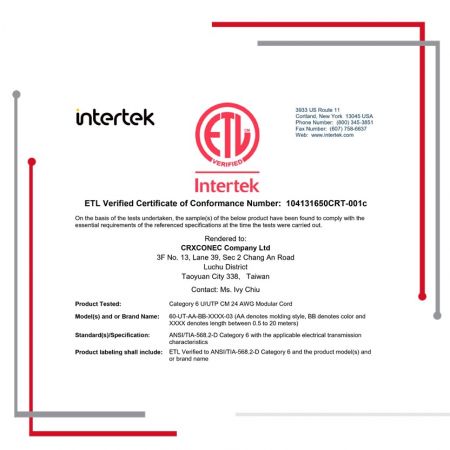 Cavo di collegamento utp cat 6 con certificazione ETL